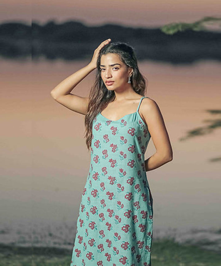 Blue floral handblock printed cotton kurti