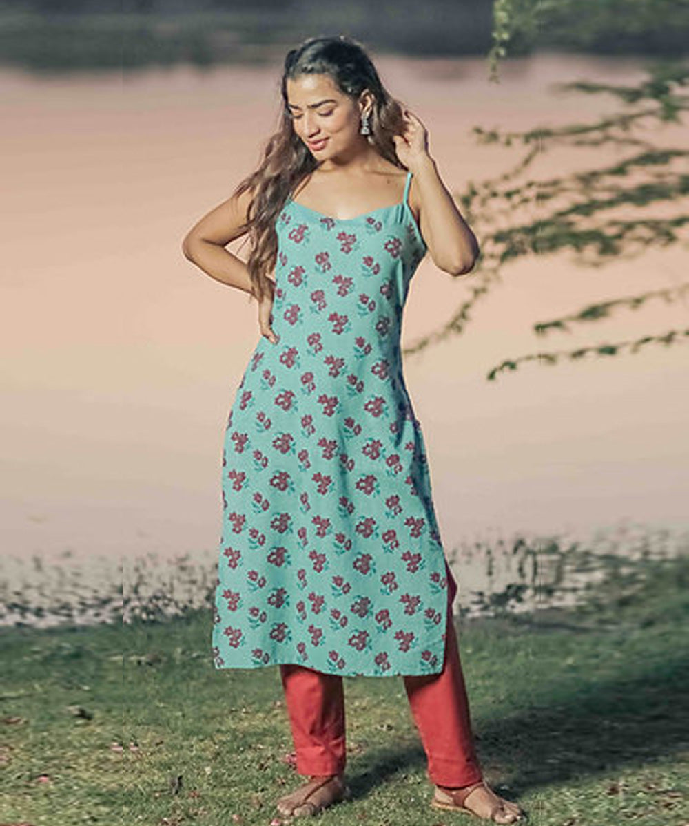 Blue floral handblock printed cotton kurti