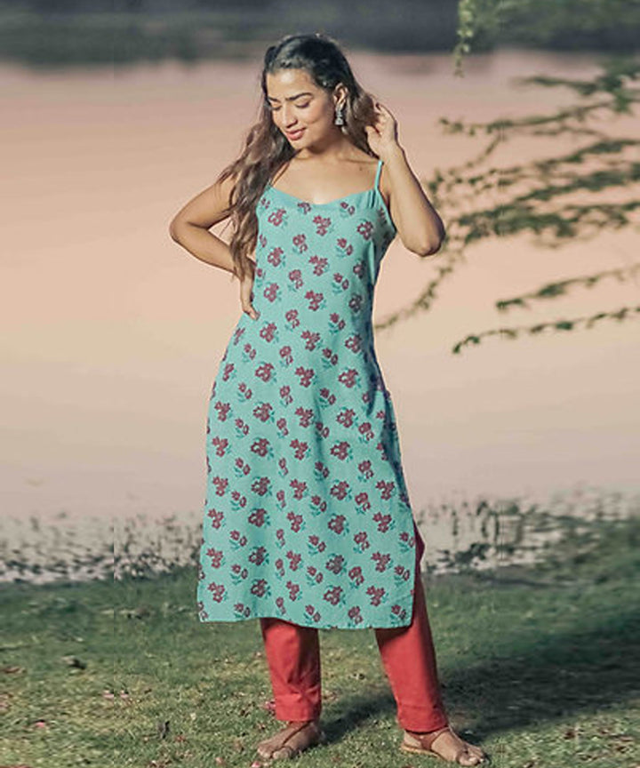 Blue floral handblock printed cotton kurti