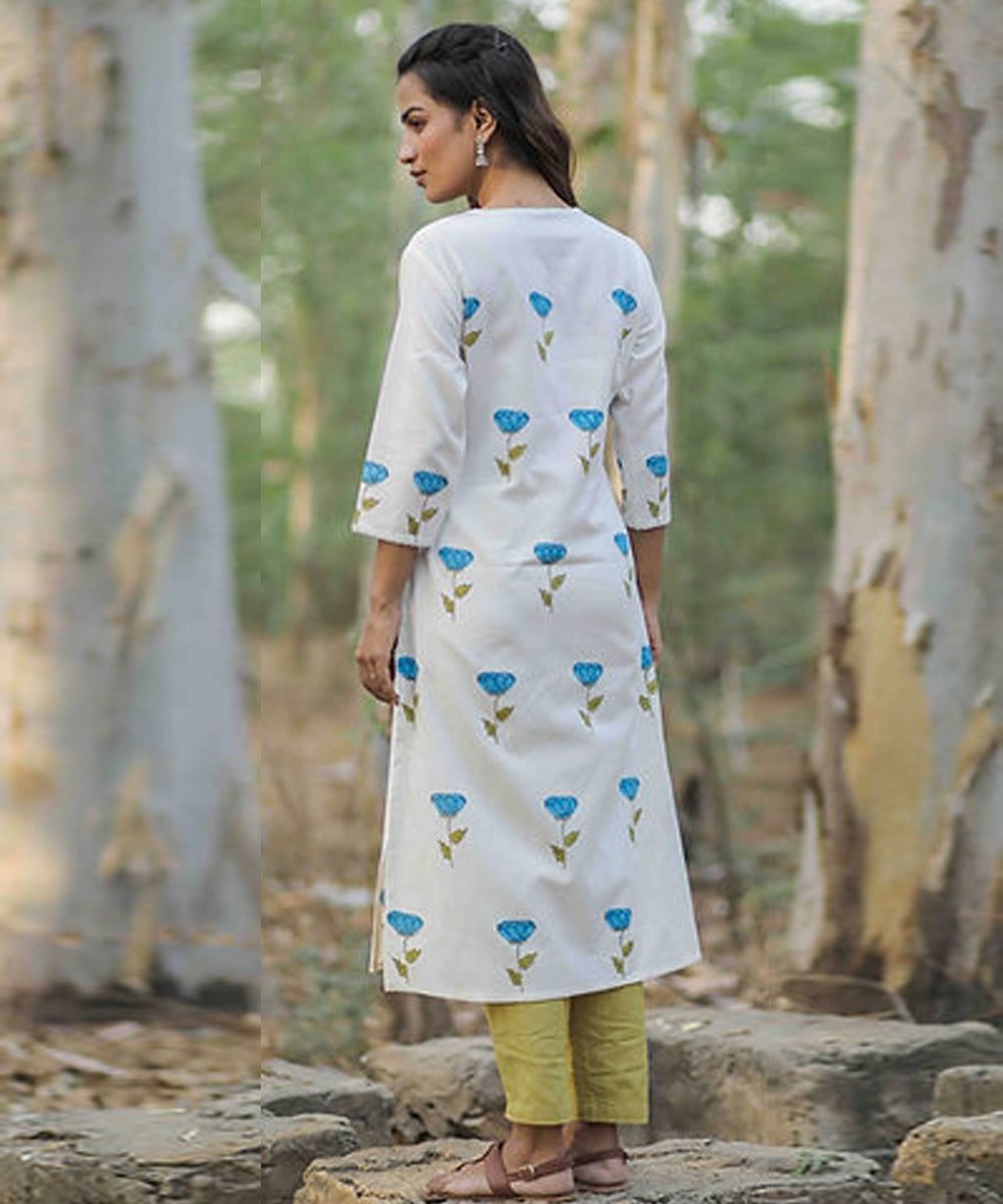 Blue rose handblock printed cotton kurti