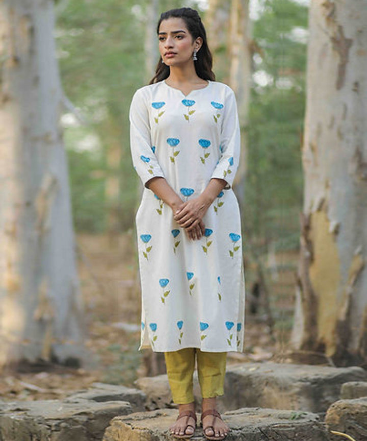 Blue rose handblock printed cotton kurti