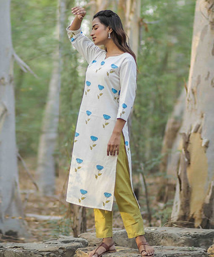 Blue rose handblock printed cotton kurti