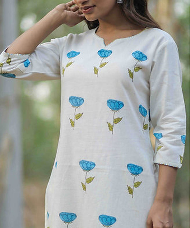 Blue rose handblock printed cotton kurti