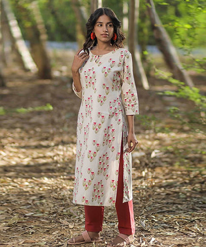 Pink tulip handblock printed cotton kurti