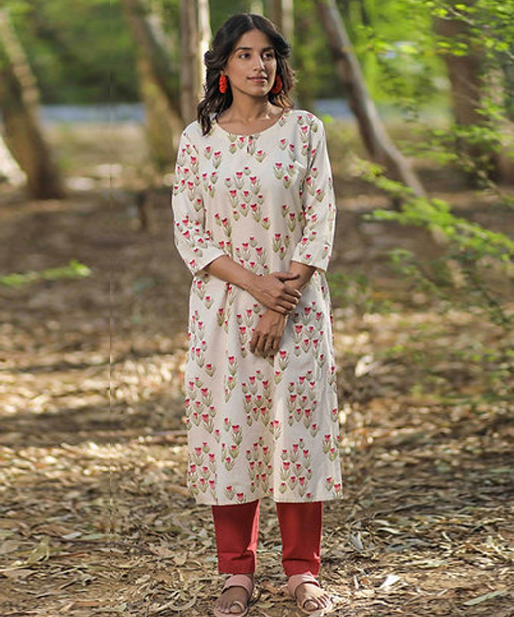 Pink tulip handblock printed cotton kurti