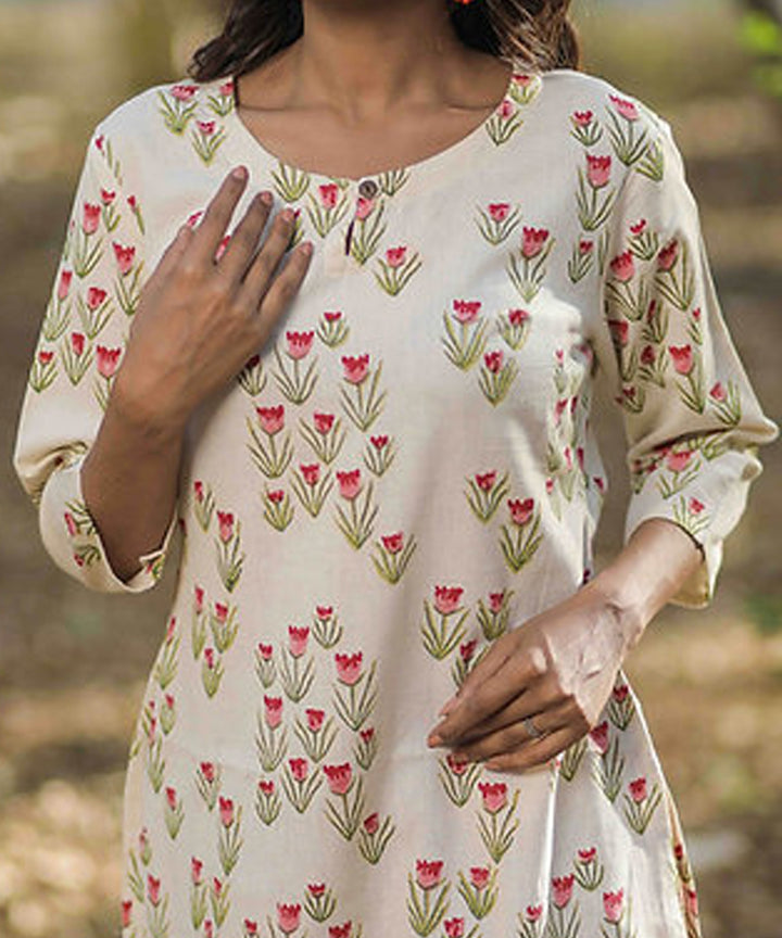 Pink tulip handblock printed cotton kurti