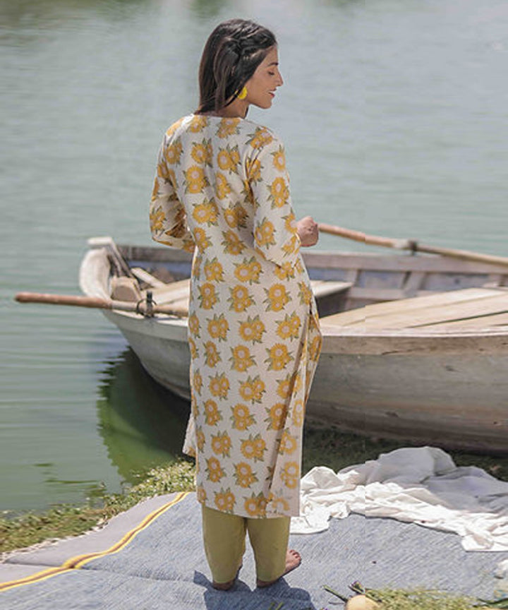 Yellow sunflower handblock printed cotton 3/4 sleeves kurti