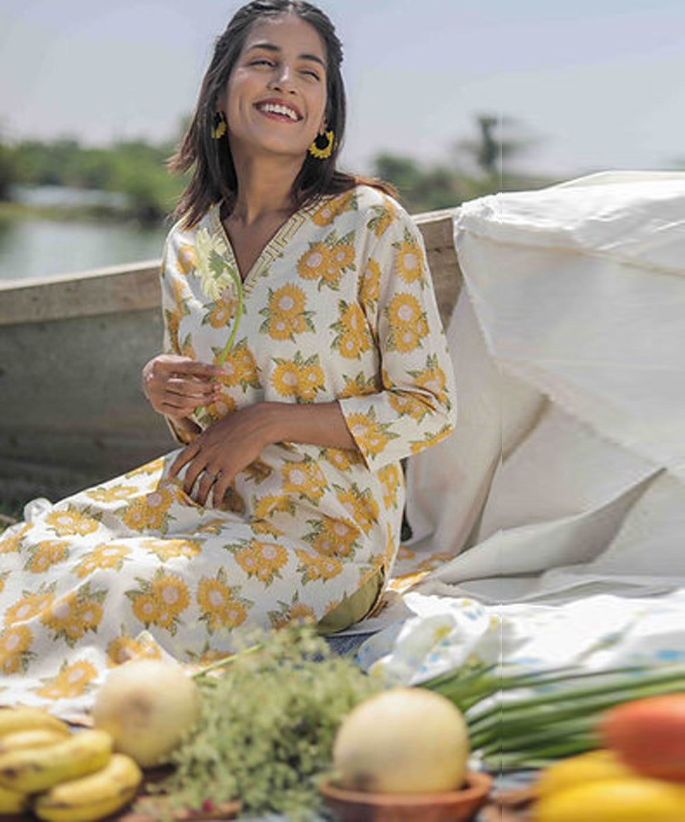 Yellow sunflower handblock printed cotton 3/4 sleeves kurti