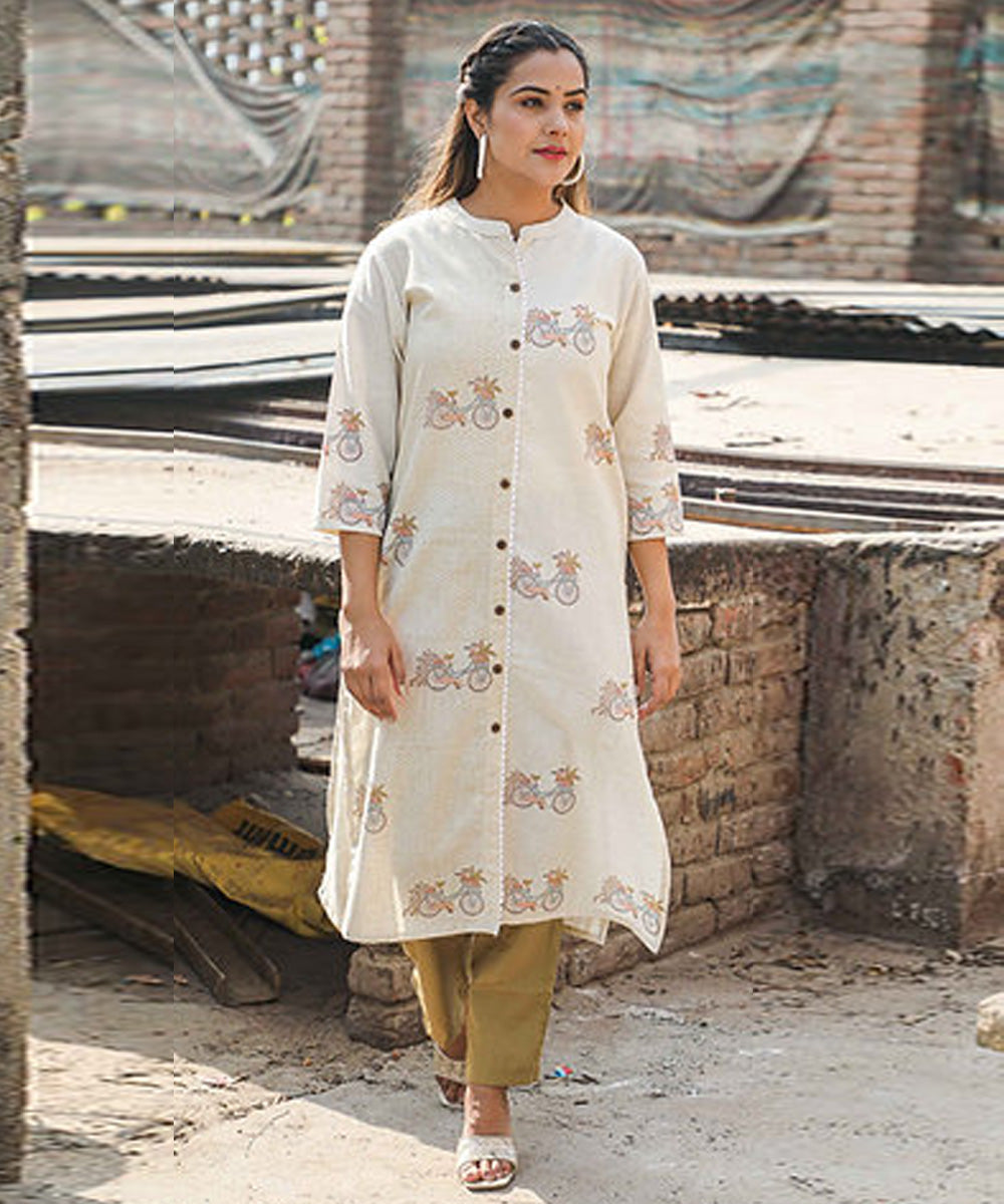 Off white bicycle handblock printed cotton kurti