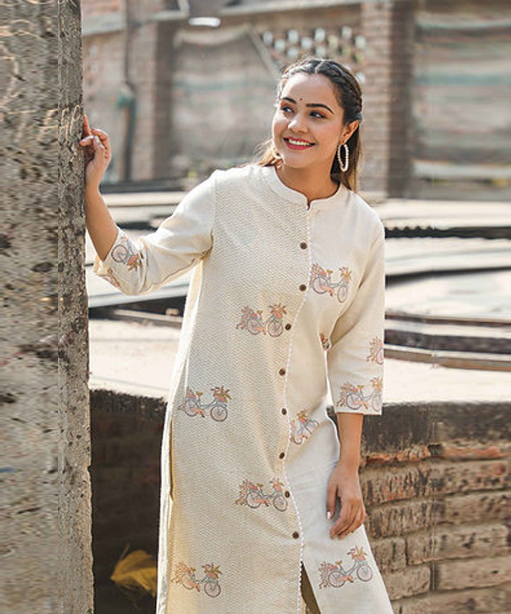 Off white bicycle handblock printed cotton kurti