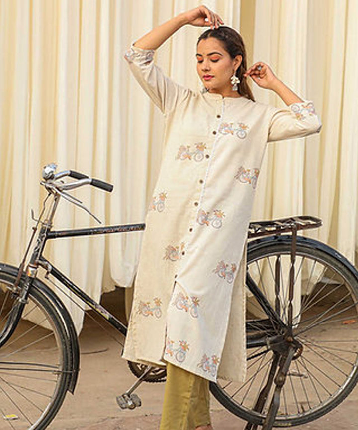 Off white bicycle handblock printed cotton kurti