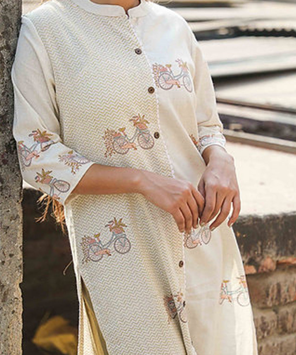 Off white bicycle handblock printed cotton kurti