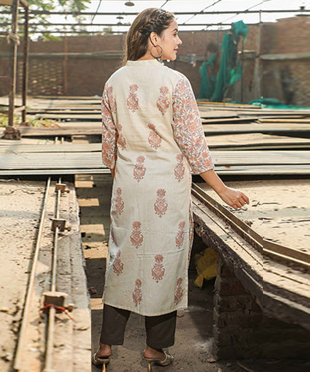 Off white floral handblock printed cotton kurti