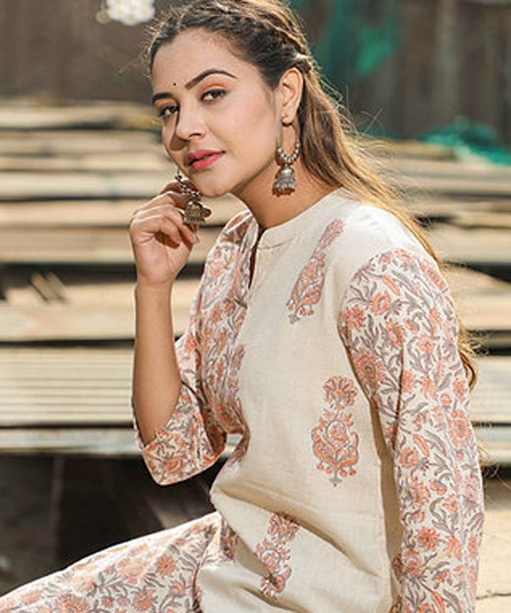 Off white floral handblock printed cotton kurti
