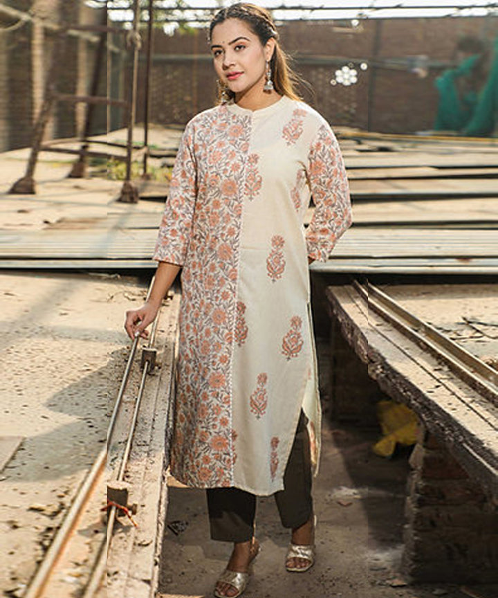 Off white floral handblock printed cotton kurti