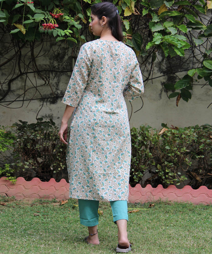 Cream handblock floral printed straight cotton kurti