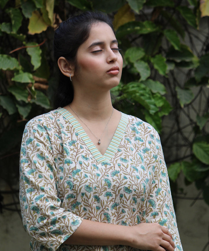 Cream handblock floral printed straight cotton kurti
