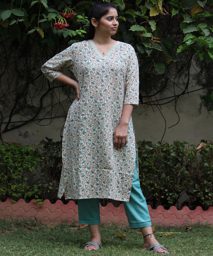 Cream handblock floral printed straight cotton kurti