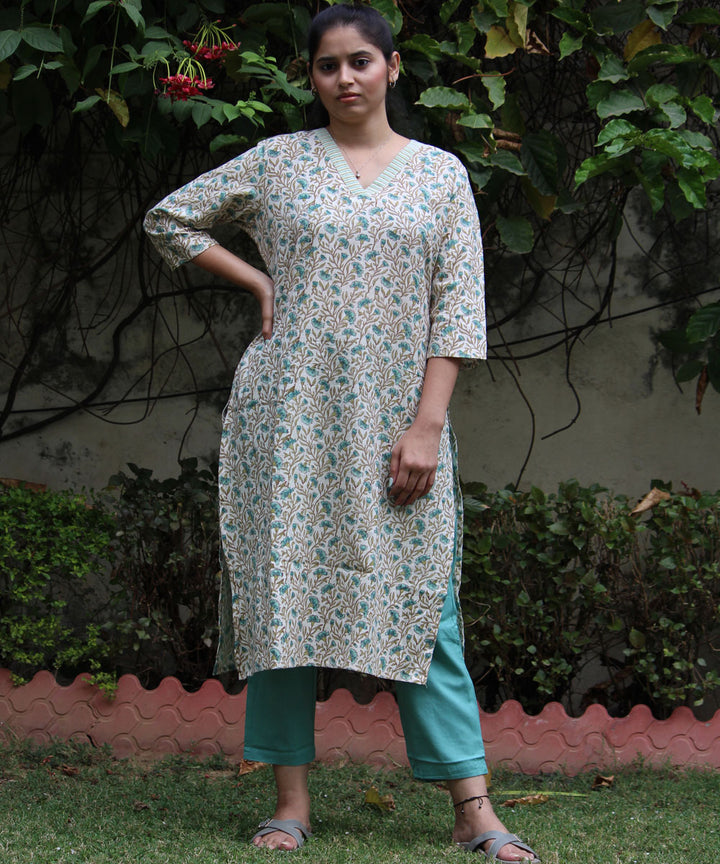 Cream handblock floral printed straight cotton kurti
