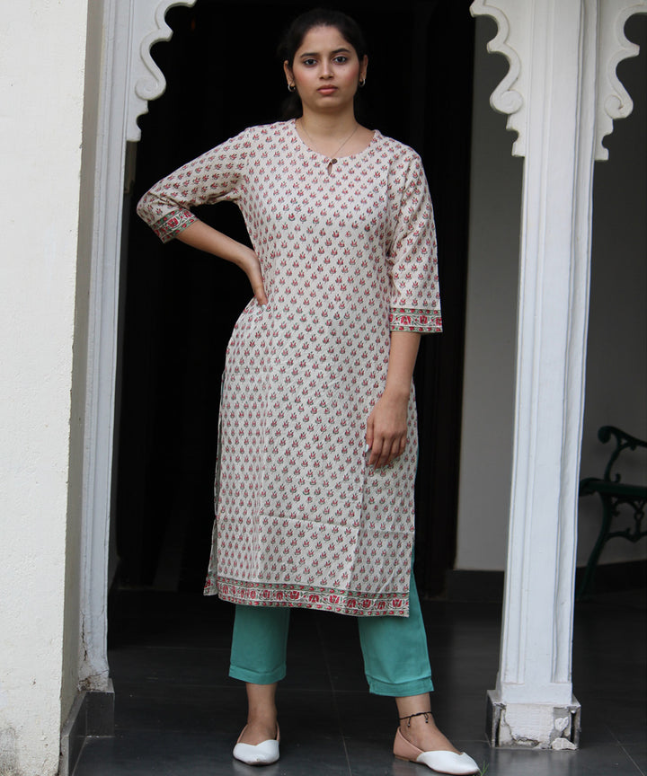 Cream handblock floral buti printed straight cotton kurti