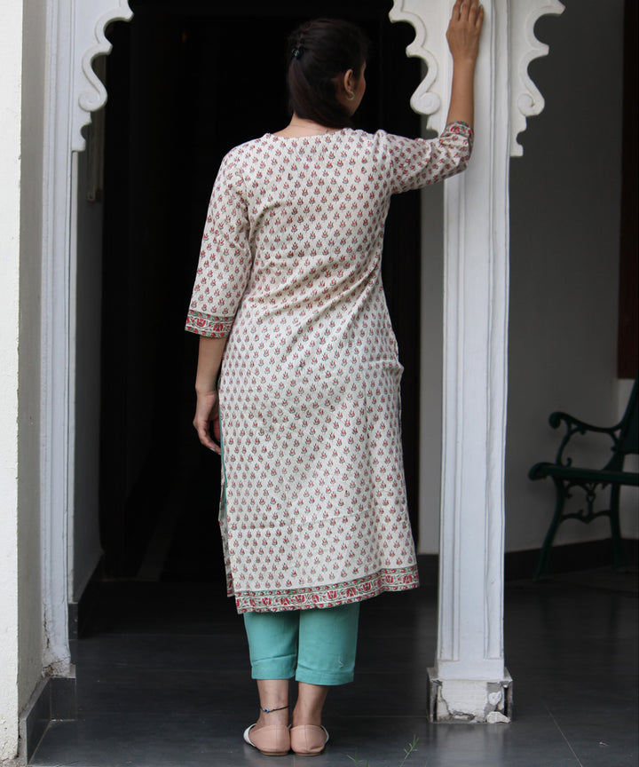 Cream handblock floral buti printed straight cotton kurti