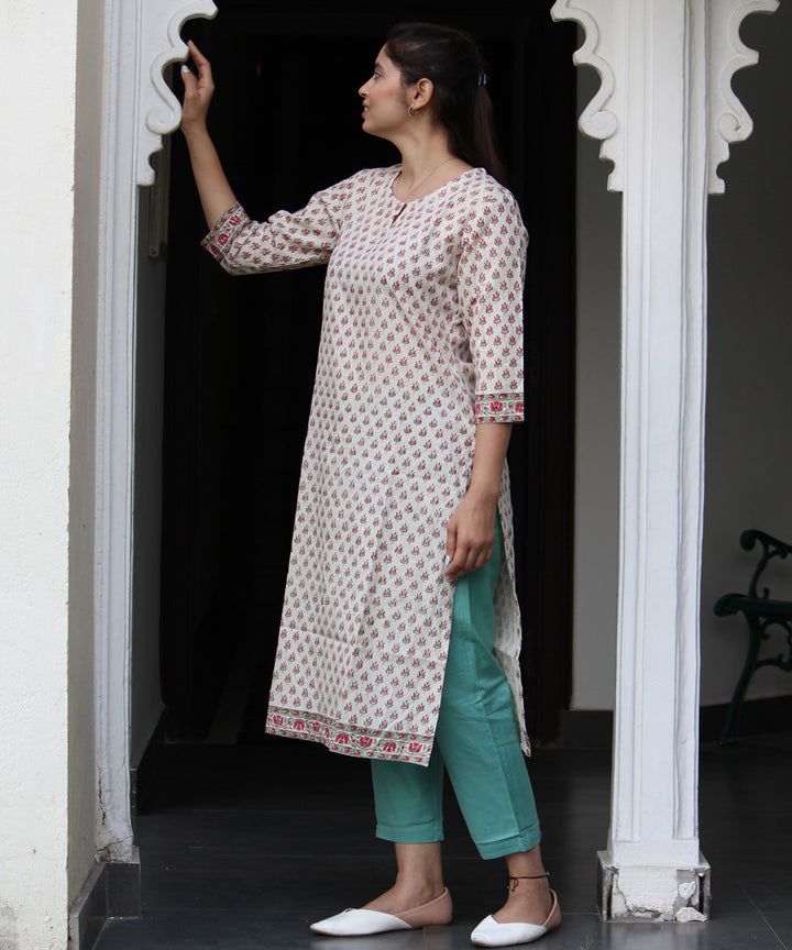 Cream handblock floral buti printed straight cotton kurti
