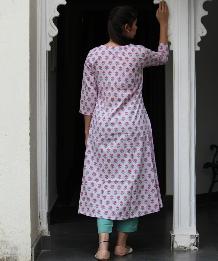 Cream handblock floral buti printed A line cotton kurti