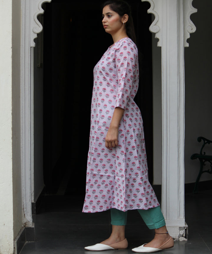 Cream handblock floral buti printed A line cotton kurti