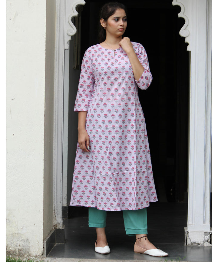 Cream handblock floral buti printed A line cotton kurti