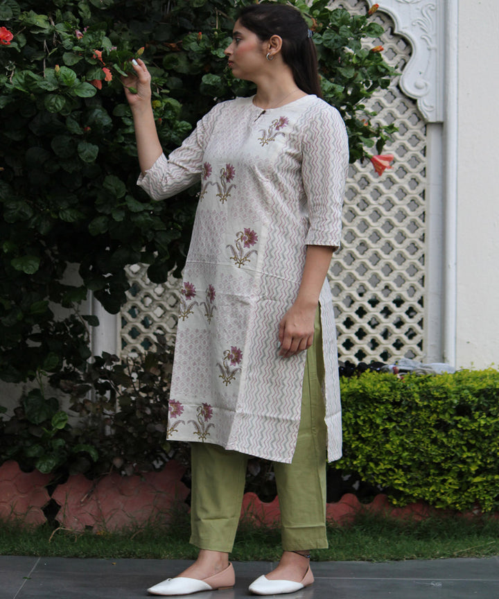 Off white handblock floral printed cotton kurti