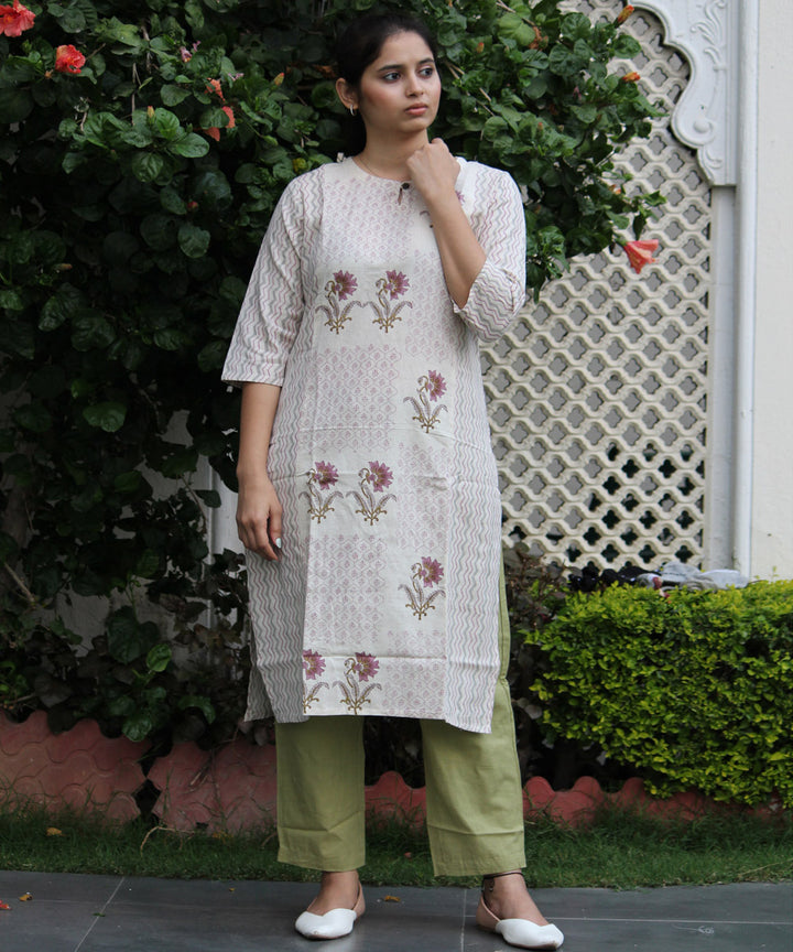 Off white handblock floral printed cotton kurti