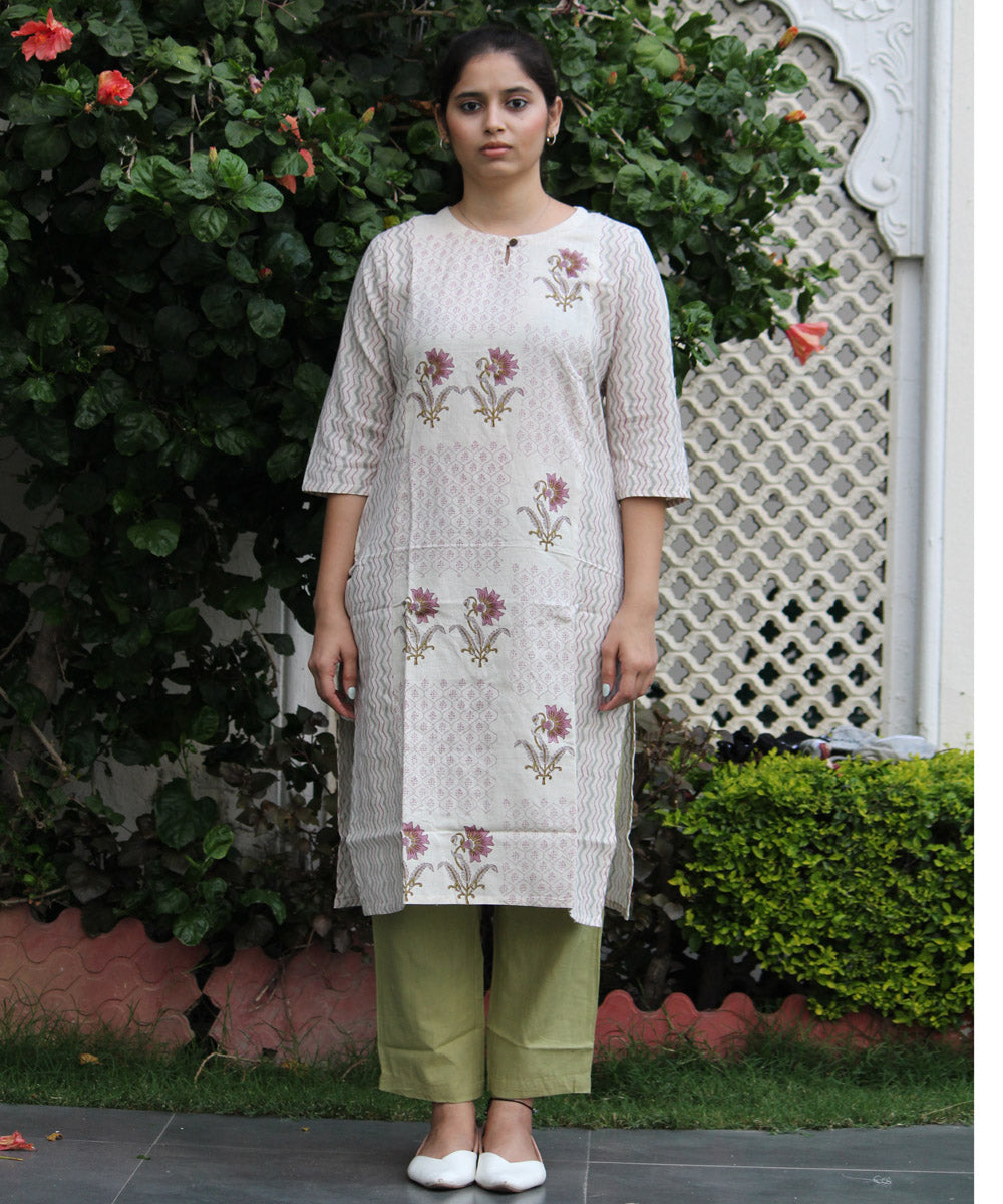 Off white handblock floral printed cotton kurti