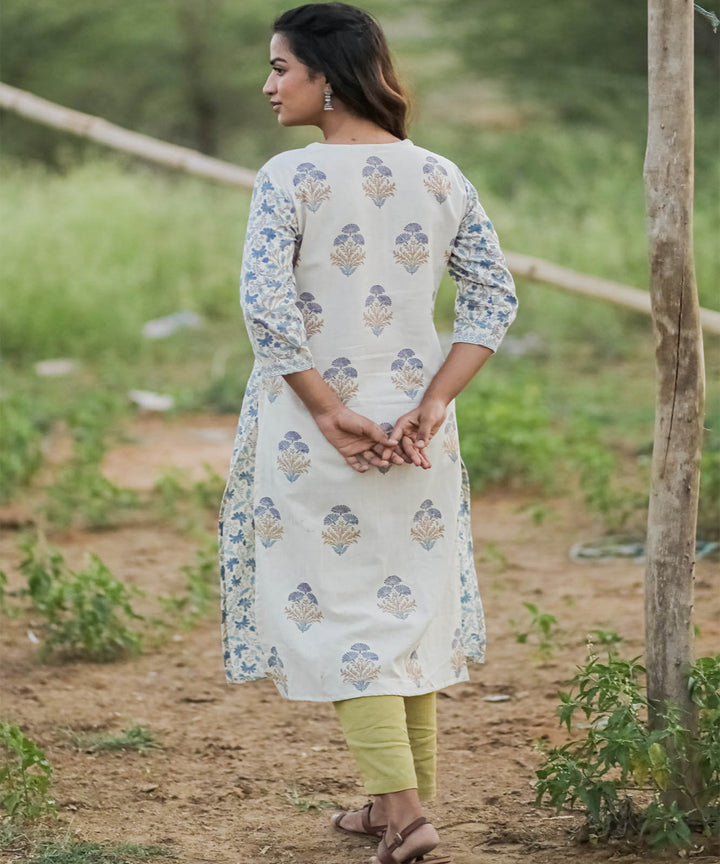 White handblock printed cotton butta kurta