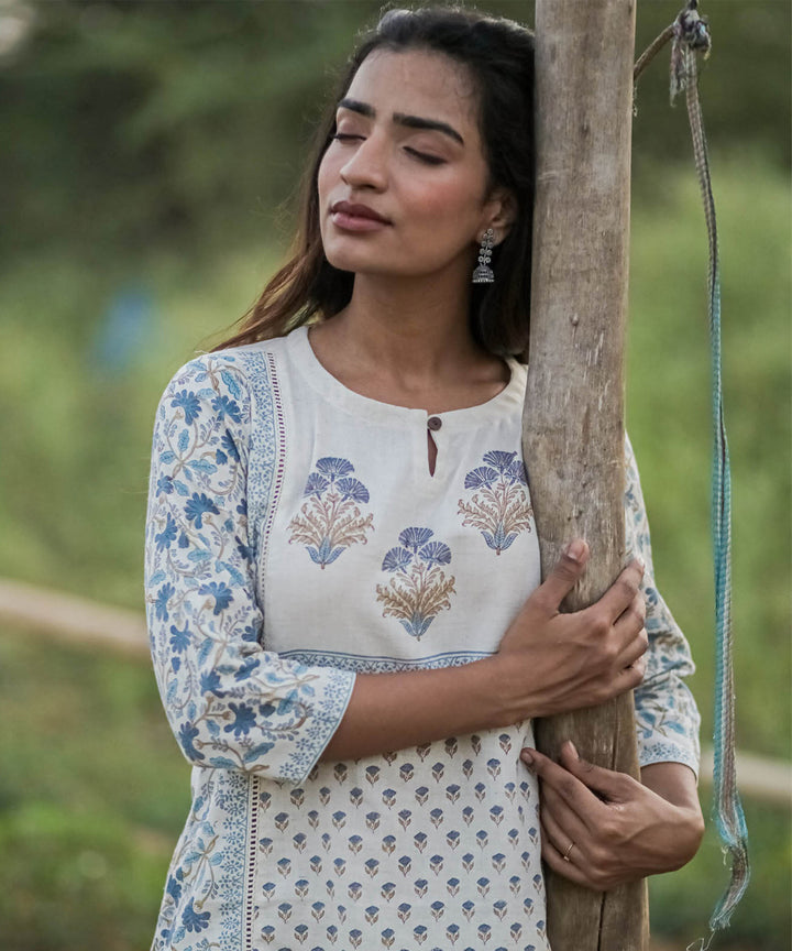 White handblock printed cotton butta kurta