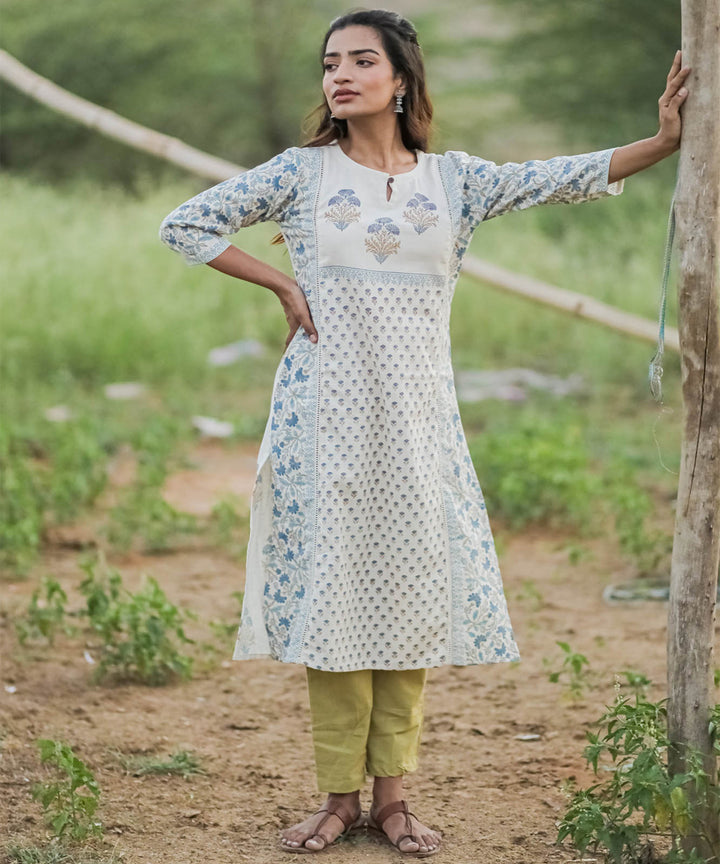 White handblock printed cotton butta kurta