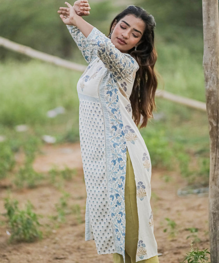 White handblock printed cotton butta kurta
