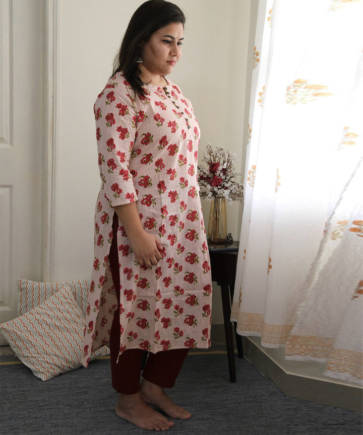 White pink handblock printed cotton floral kurta