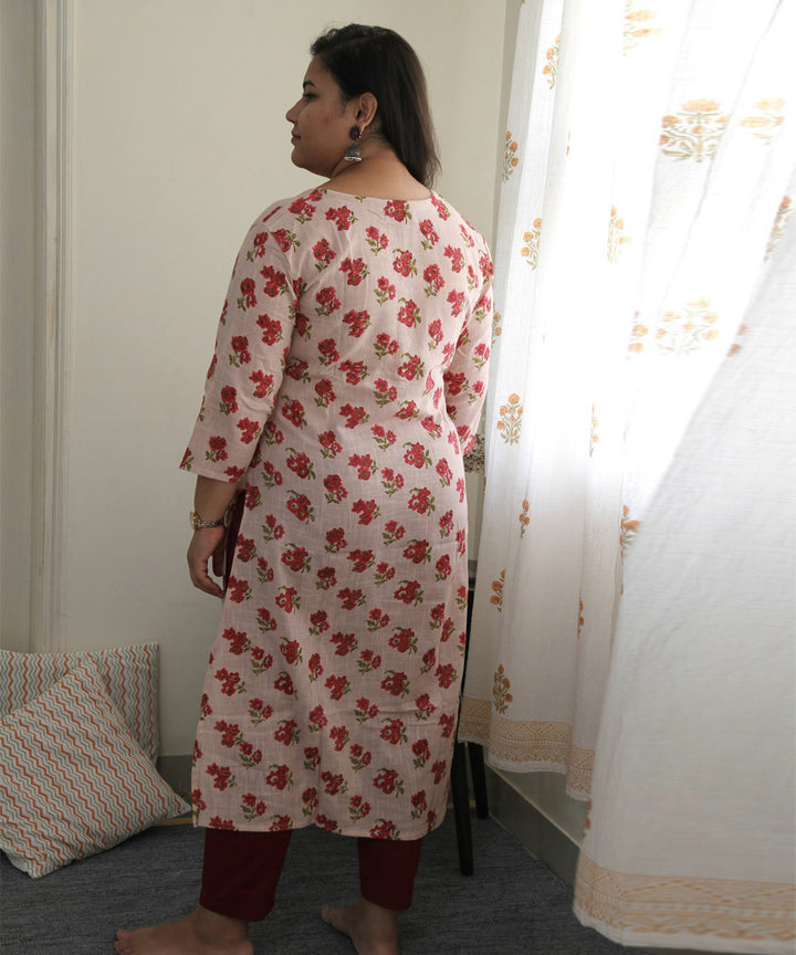 White pink handblock printed cotton floral kurta