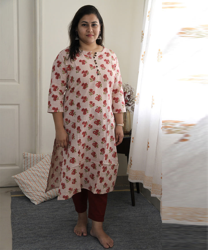 White pink handblock printed cotton floral kurta