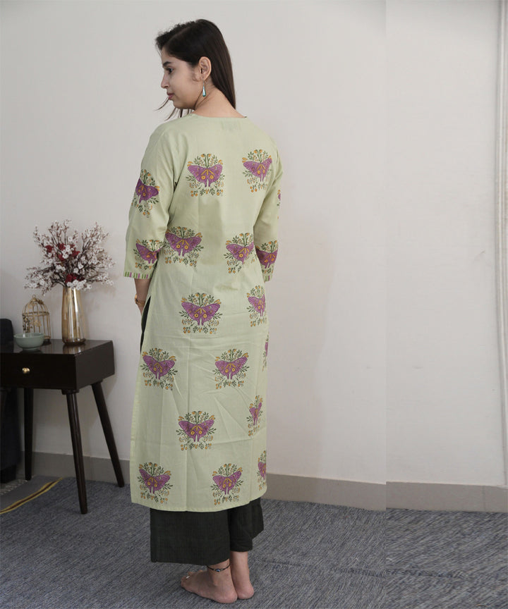 Olive handblock printed cotton kurta