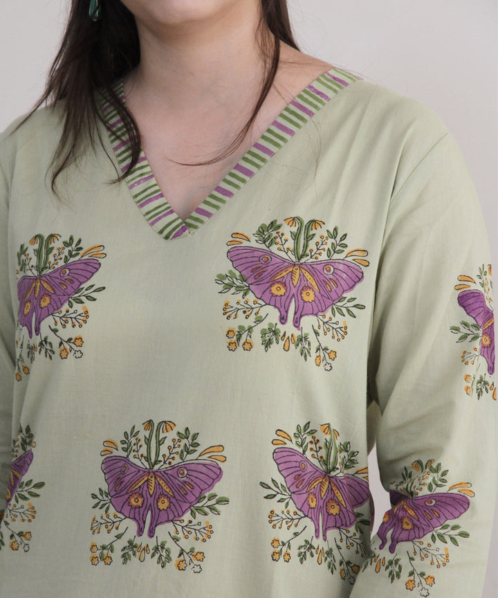 Olive handblock printed cotton kurta