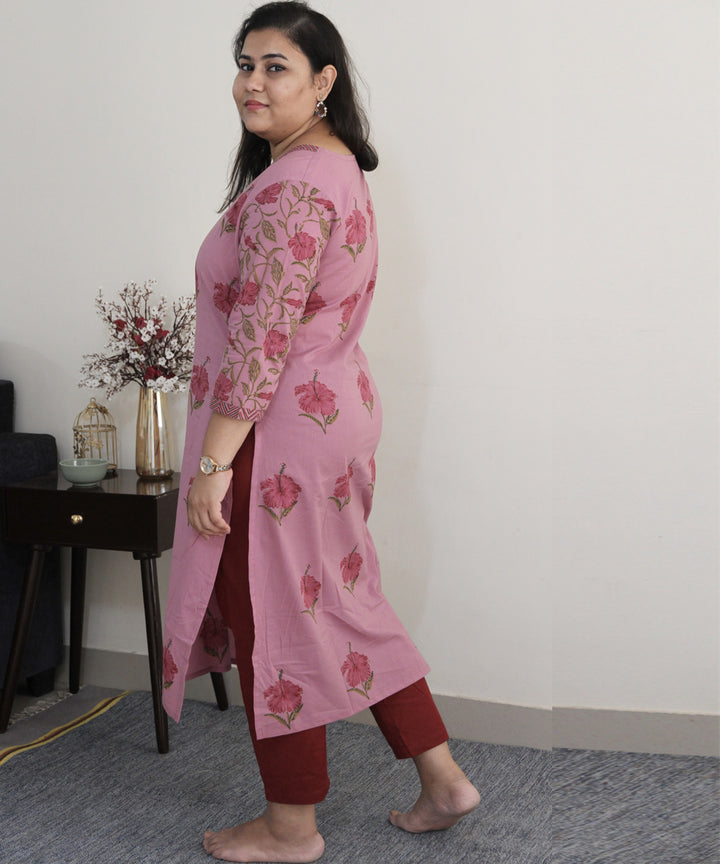 Pink handblock printed cotton floral kurta