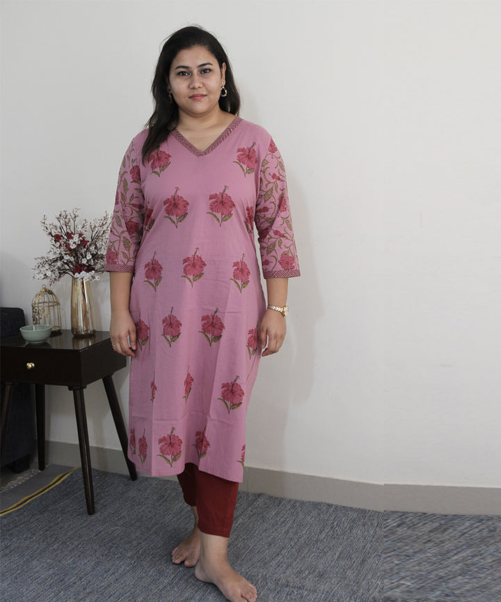 Pink handblock printed cotton floral kurta