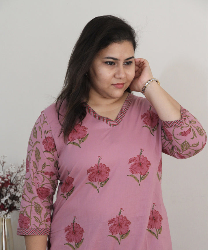 Pink handblock printed cotton floral kurta