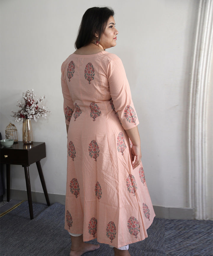 Peach handblock printed cotton floral kurti