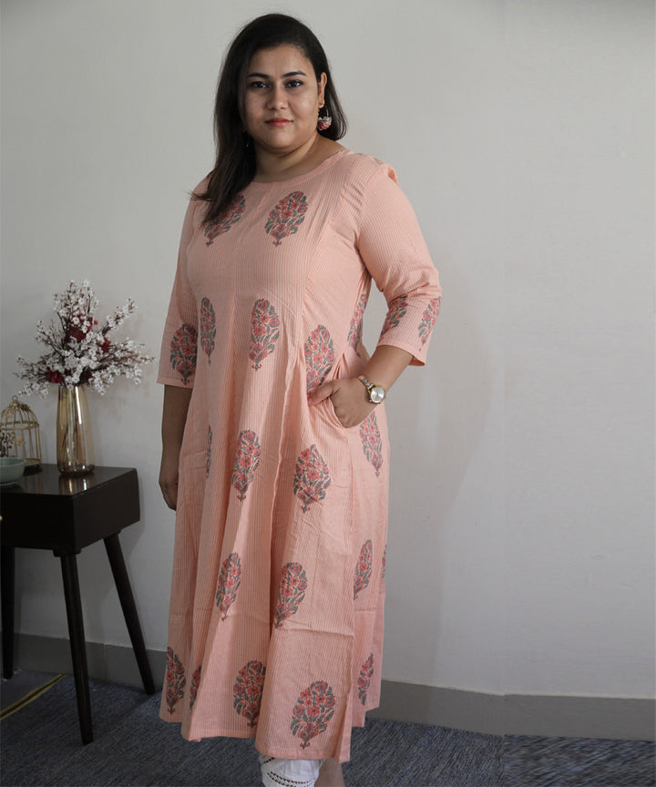 Peach handblock printed cotton floral kurti