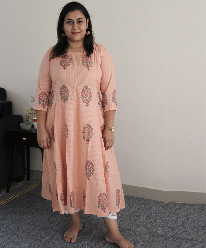 Peach handblock printed cotton floral kurti