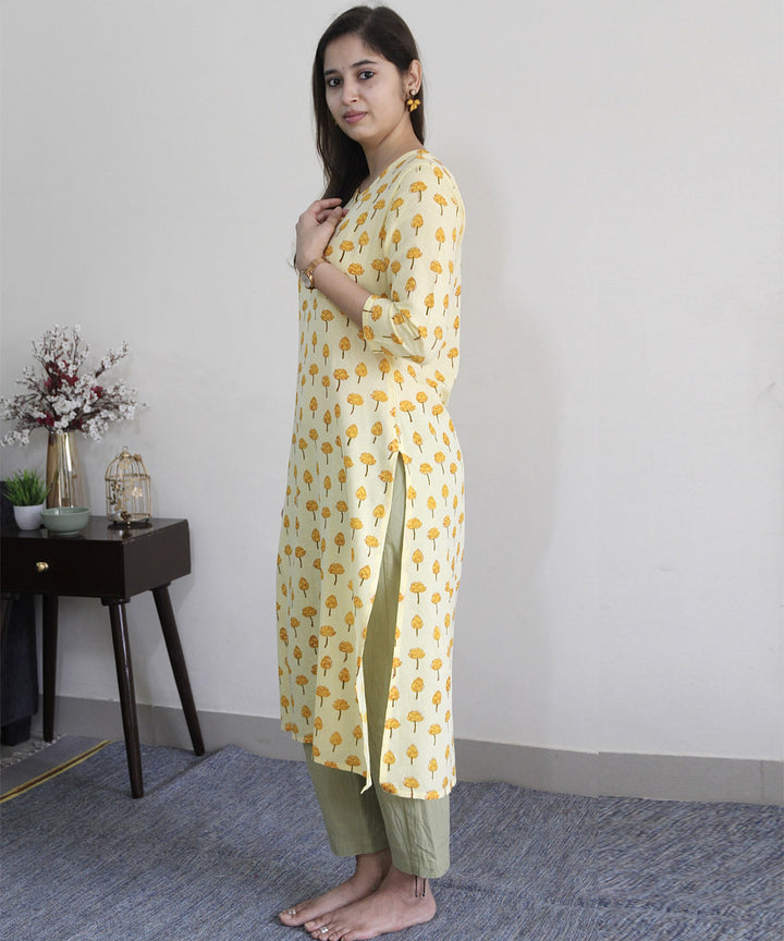 Yellow handblock printed cotton floral kurti