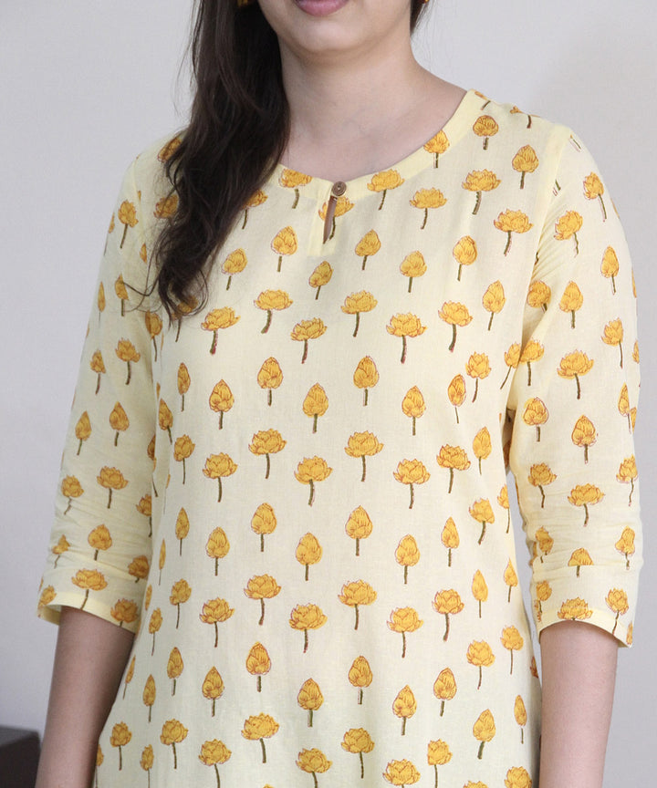 Yellow handblock printed cotton floral kurti