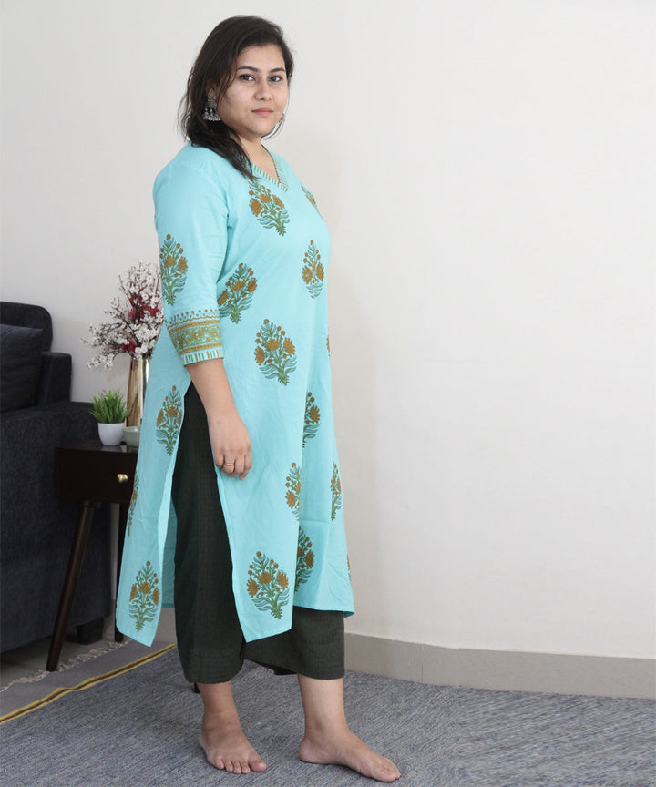 Sky blue handblock printed cotton floral kurti